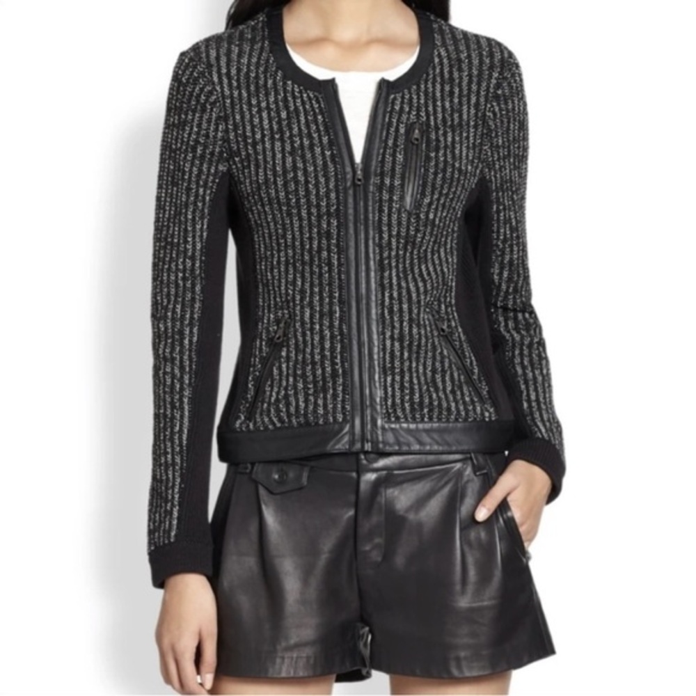 RAG & BONE Paula Black Knit Leather Zip Jacket Small S